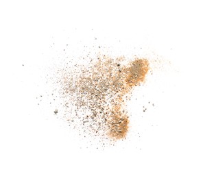 Pile of brown dust scattered on white background, top view