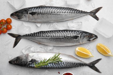 Photo of Raw mackerel, tomatoes and lemons on light gray table, flat lay