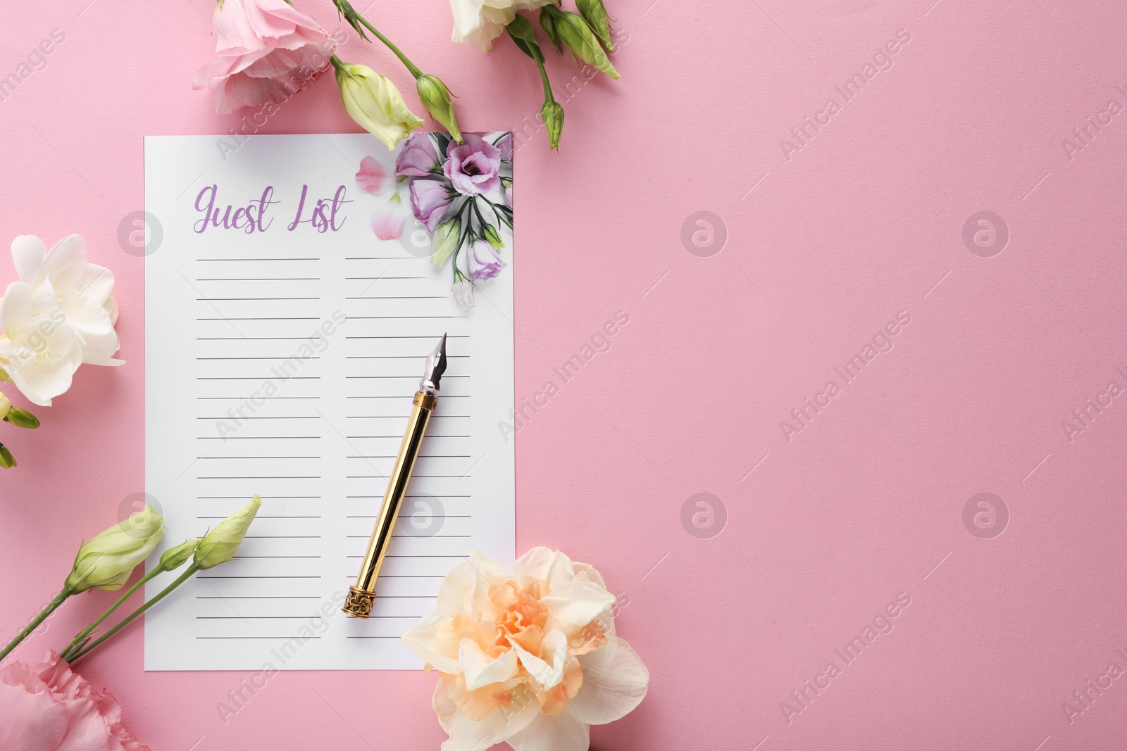 Photo of Guest list, pen and beautiful flowers on pink background, flat lay. Space for text