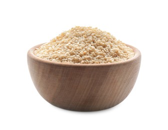 Photo of Wooden bowl with sesame seeds on white background