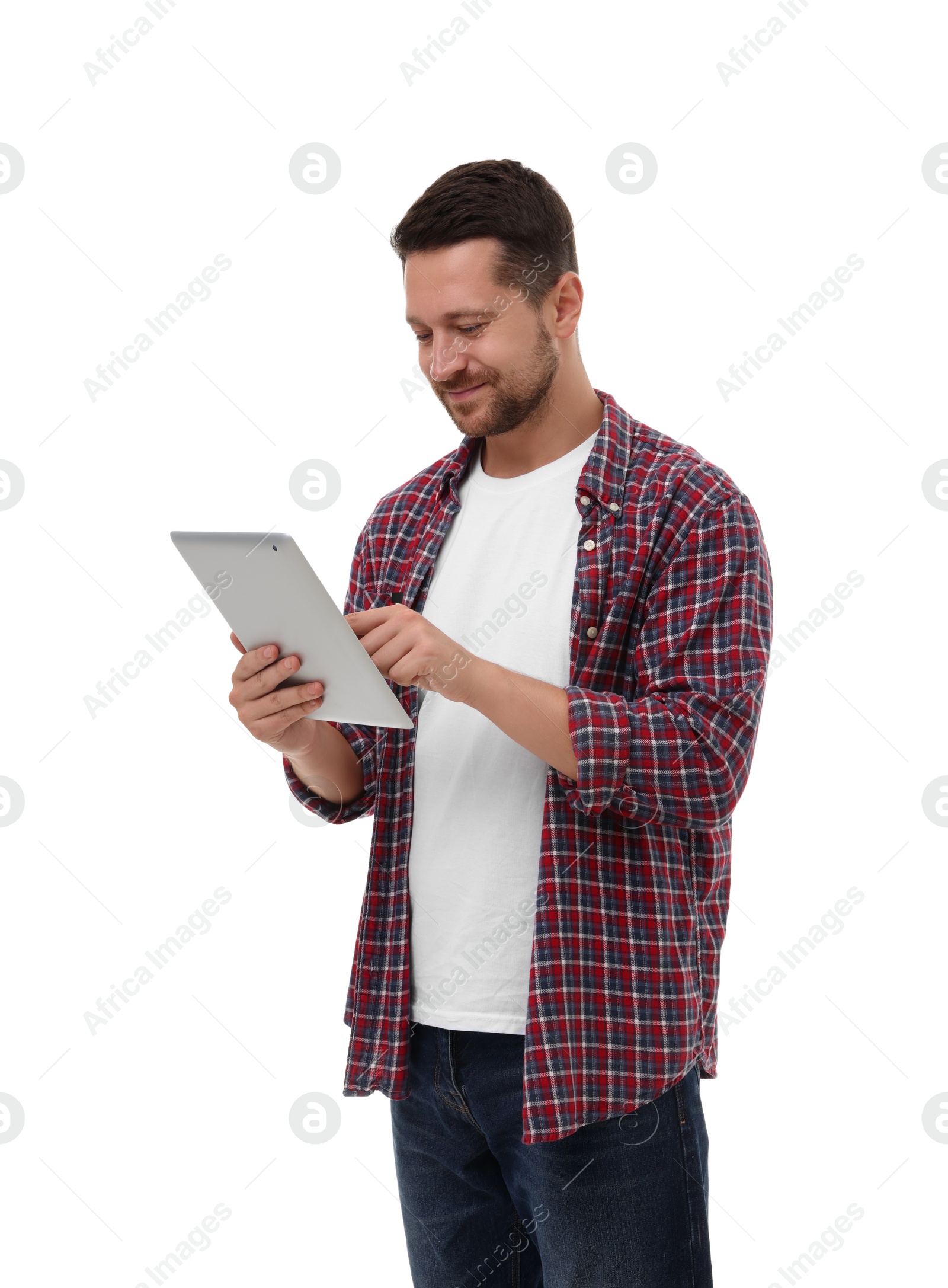 Photo of Portrait of man using tablet on white background