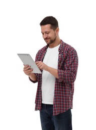 Portrait of man using tablet on white background