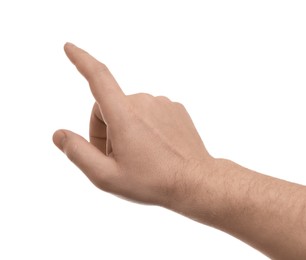 Photo of Man pointing at something on white background, closeup