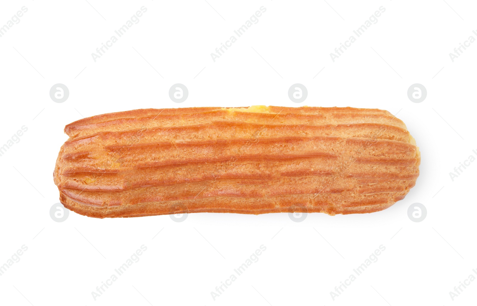 Photo of Delicious eclair isolated on white, top view