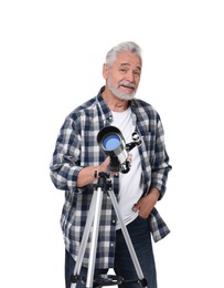 Photo of Senior astronomer with telescope on white background