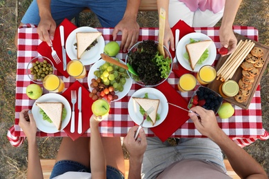 Young people having picnic at table in park, top view