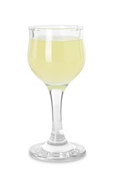 Photo of Liqueur glass with tasty limoncello isolated on white