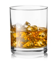 Photo of Whiskey and ice cubes in glass isolated on white