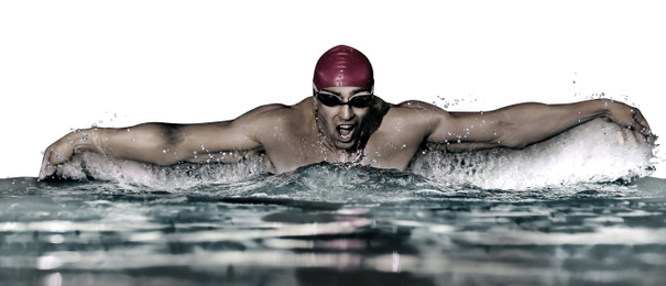 Image of Young athletic man swimming in pool against white background. Banner design