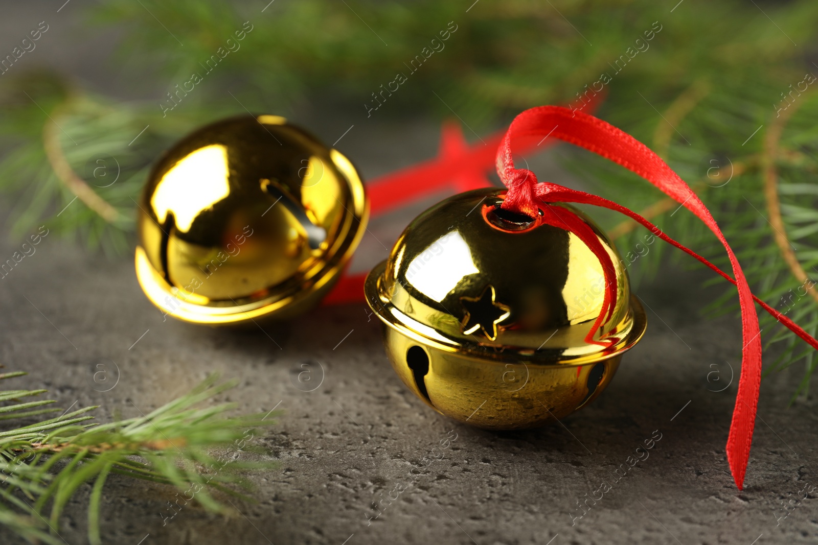 Photo of Golden sleigh bells and fir branches on grey background, closeup