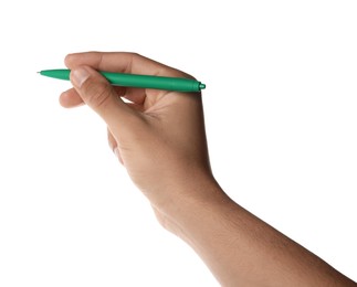 Man holding pen on white background, closeup of hand