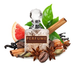 Image of Bottle of perfume and different spices on white background