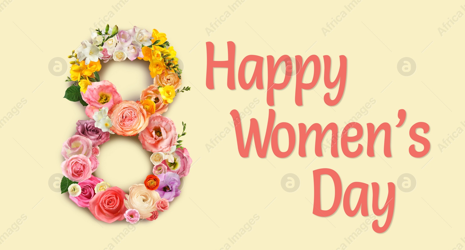 Image of Happy Women's Day greeting card design with number 8 of beautiful flowers on beige background