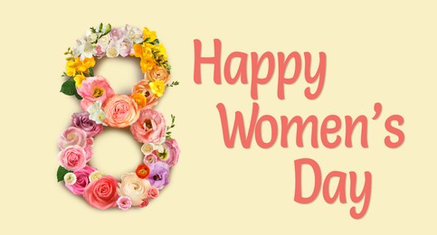 Image of Happy Women's Day greeting card design with number 8 of beautiful flowers on beige background