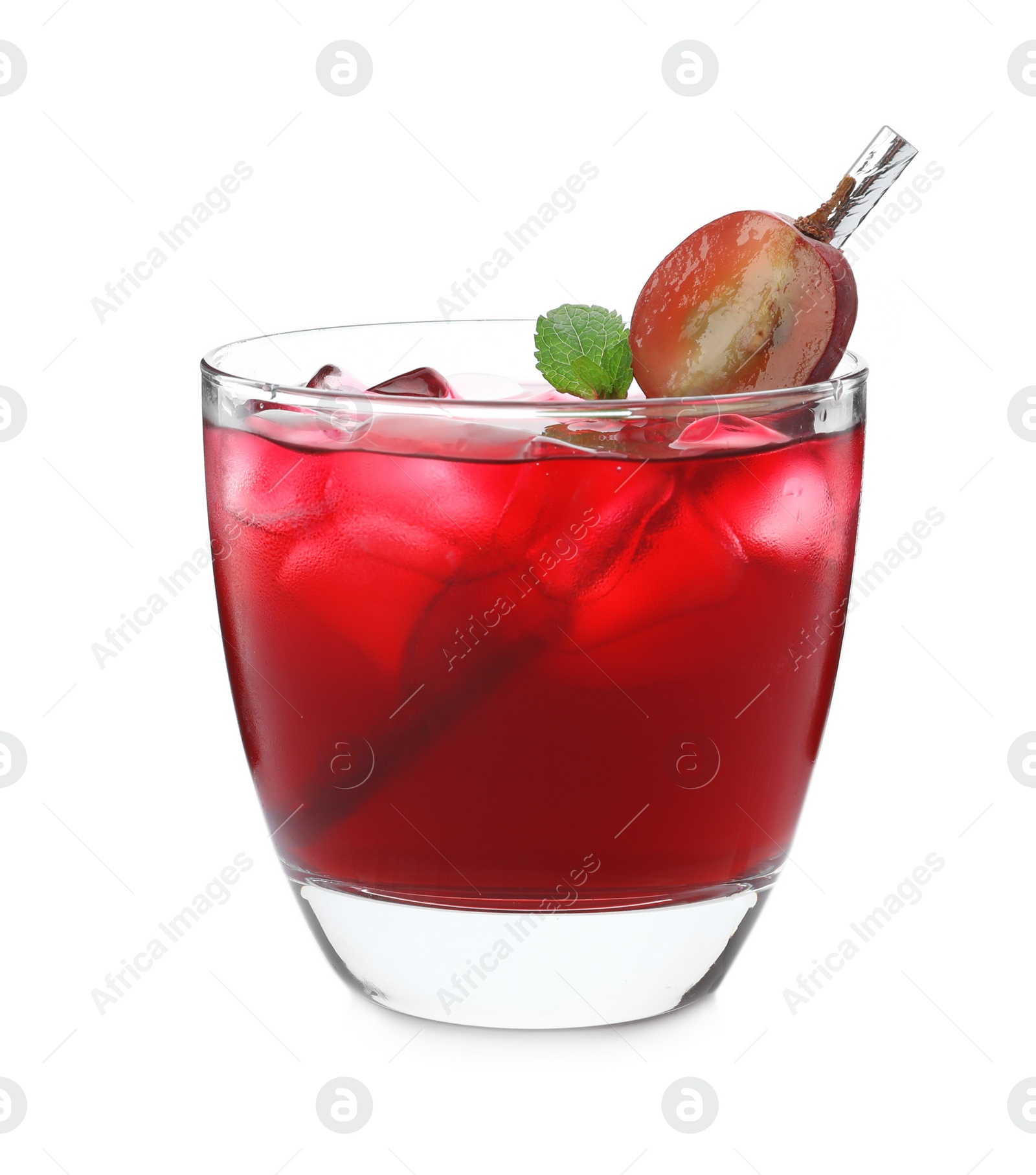 Photo of Delicious grape soda water isolated on white. Refreshing drink