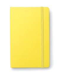 Photo of Closed yellow notebook with isolated on white, top view
