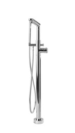 Photo of Modern bathtub faucet with hand shower on grey background