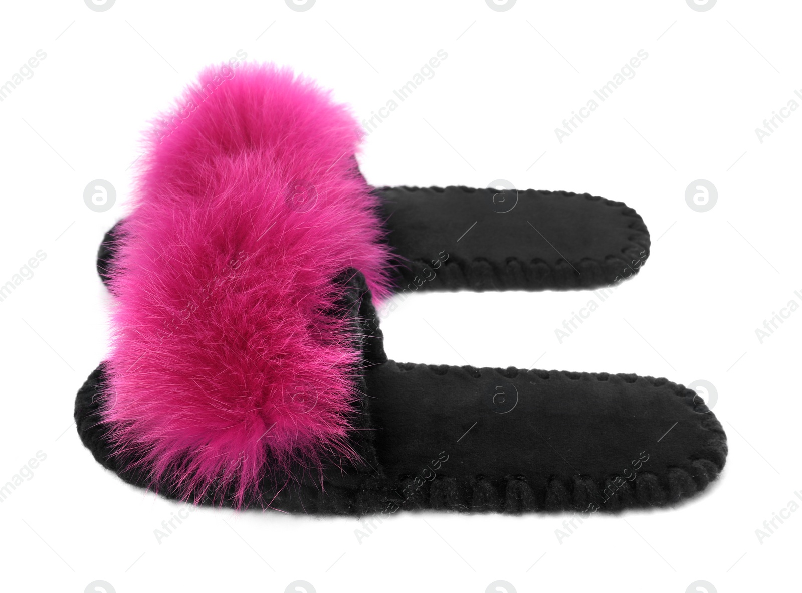 Photo of Pair of fluffy slippers isolated on white