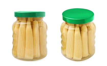 Image of Glass jars with tasty pickled baby corn on white background, collage. Banner design