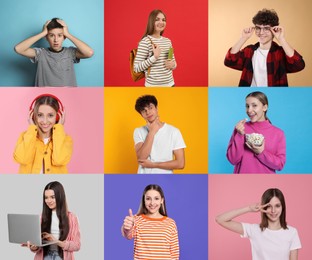 Image of Photos of teenagers on different color backgrounds, collage
