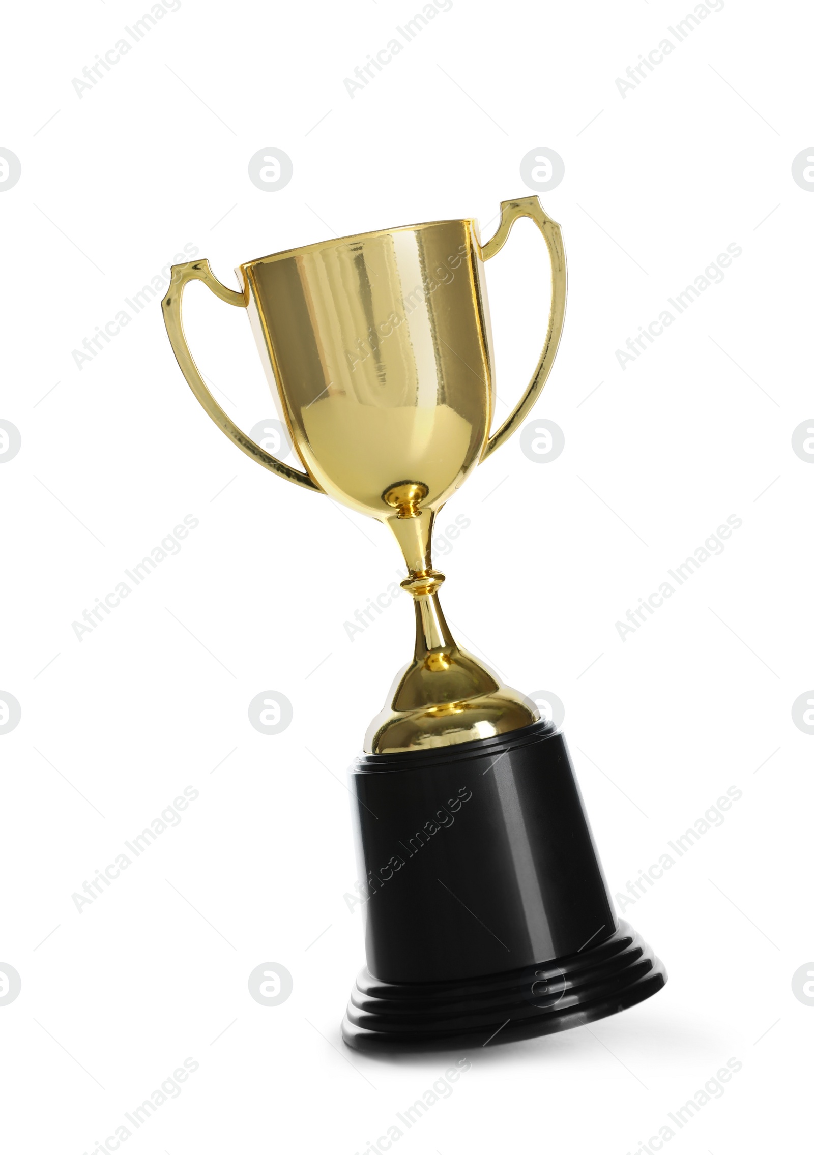 Photo of Shiny gold cup on white background. Winner's trophy