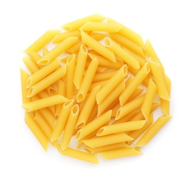 Uncooked penne pasta on white background, top view