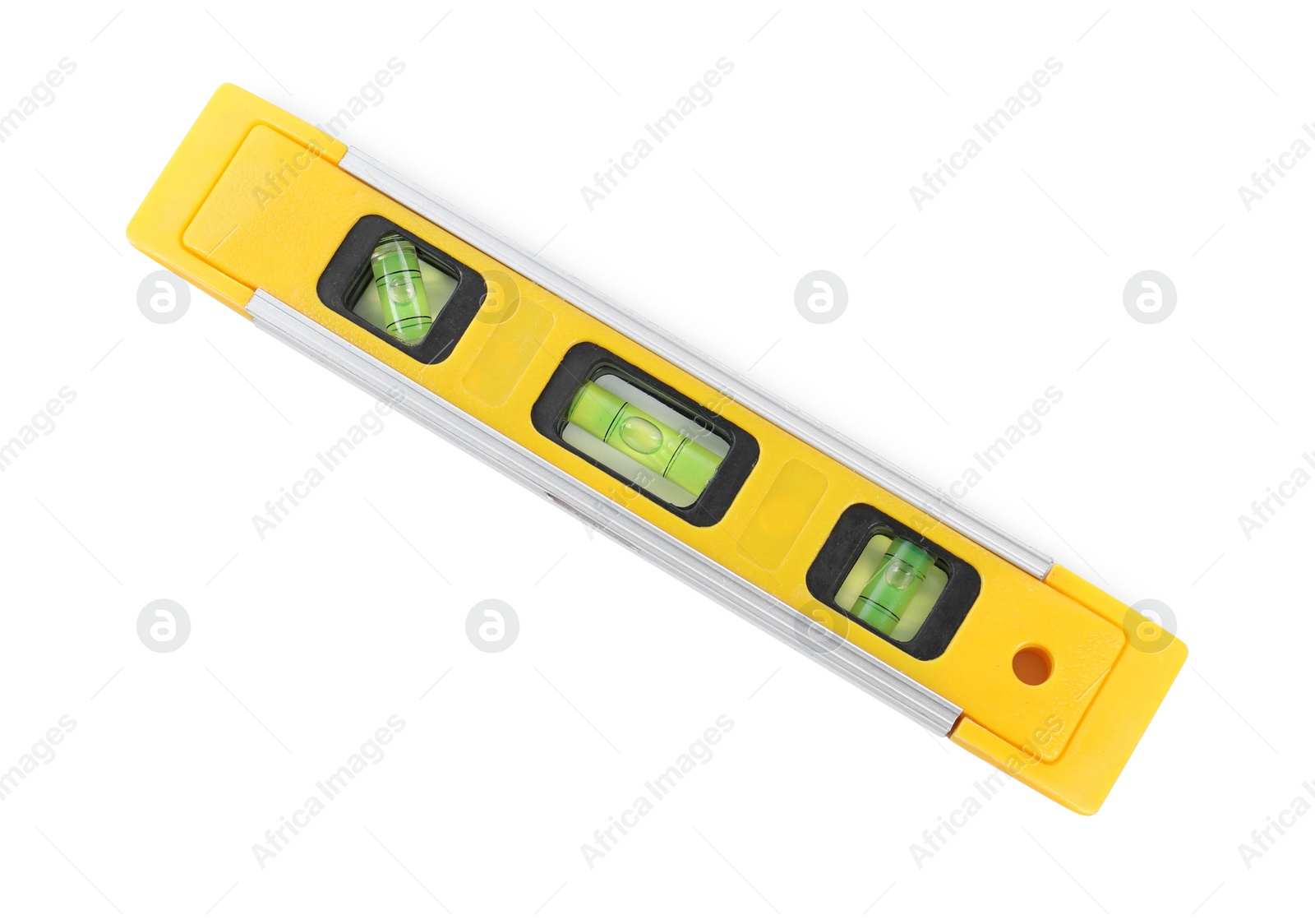 Photo of Yellow building level isolated on white, top view. Construction tool