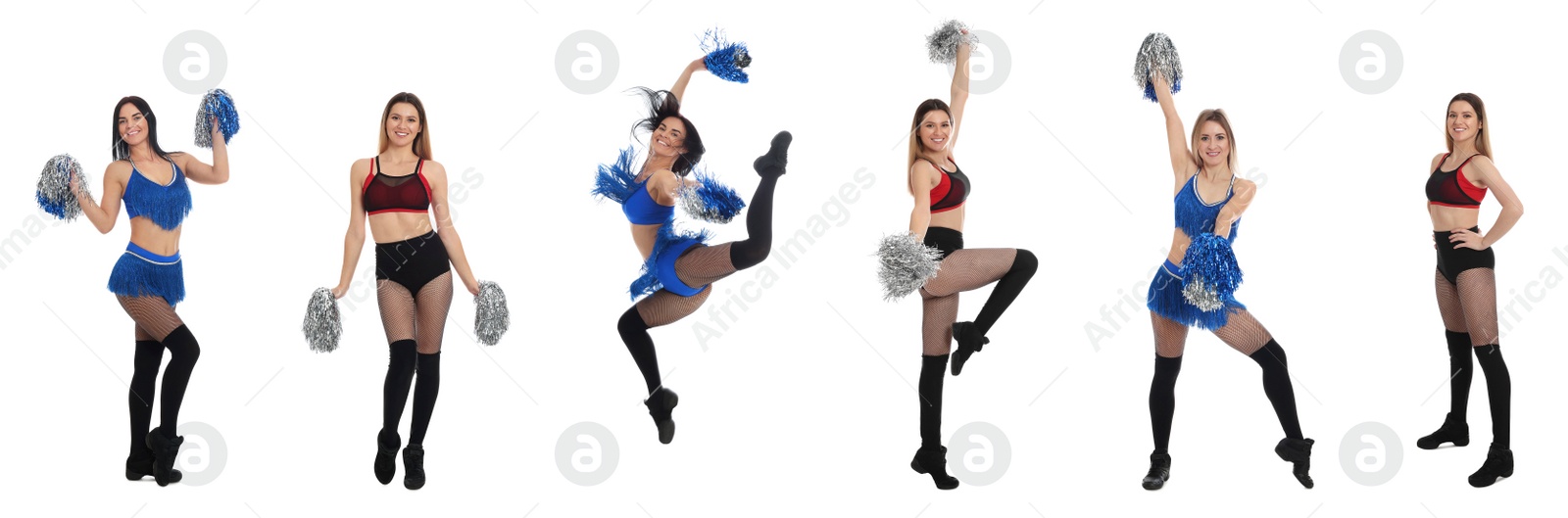 Image of Collage with photos of beautiful happy cheerleaders with pom poms in uniforms on white background