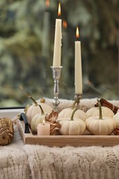 Photo of Tray with white pumpkins, burning candles, pine cone and dry leaf on window sill indoors