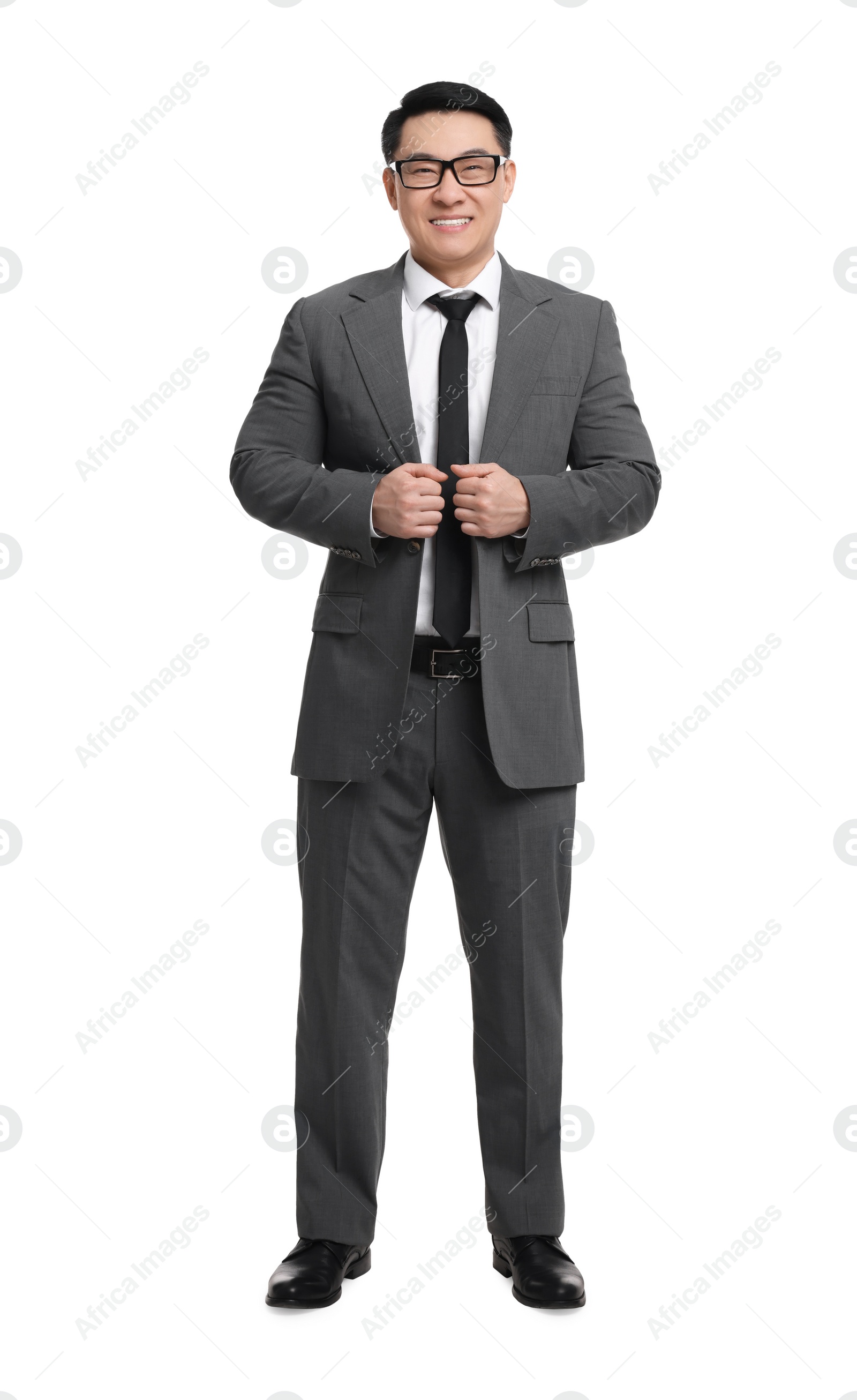 Photo of Businessman in suit wearing glasses on white background