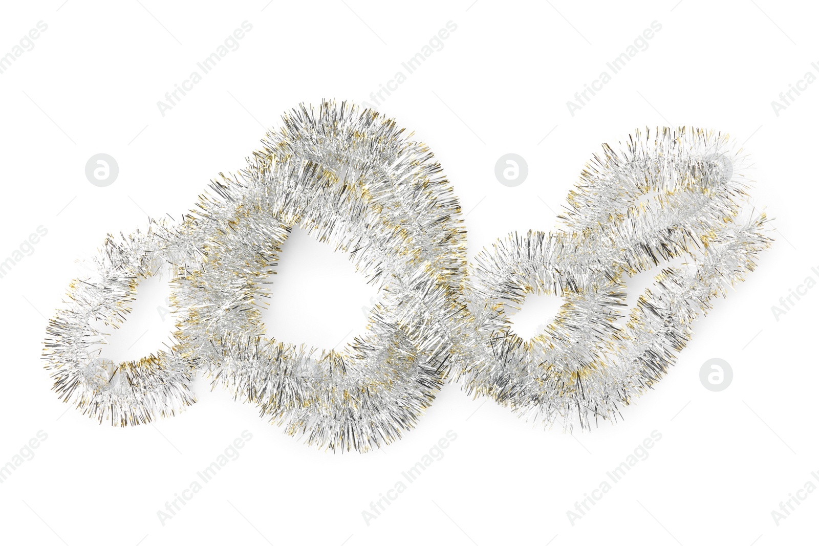 Photo of Shiny tinsel isolated on white, top view