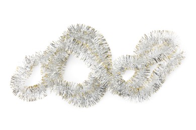 Shiny tinsel isolated on white, top view