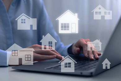 House search. Woman choosing home via laptop at table, closeup. Illustrations of different buildings as real estate variations