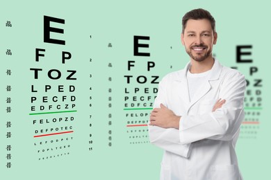 Image of Vision test. Ophthalmologist or optometrist pointing at eye charts on turquoise background