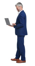 Photo of Mature businessman in stylish clothes with laptop on white background