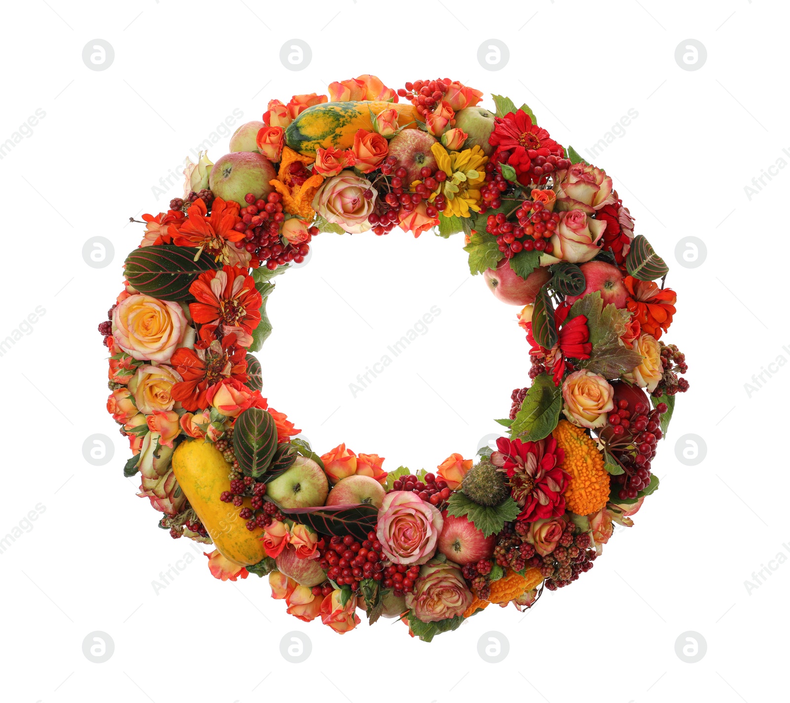 Photo of Beautiful autumnal wreath with flowers, berries and fruits isolated on white