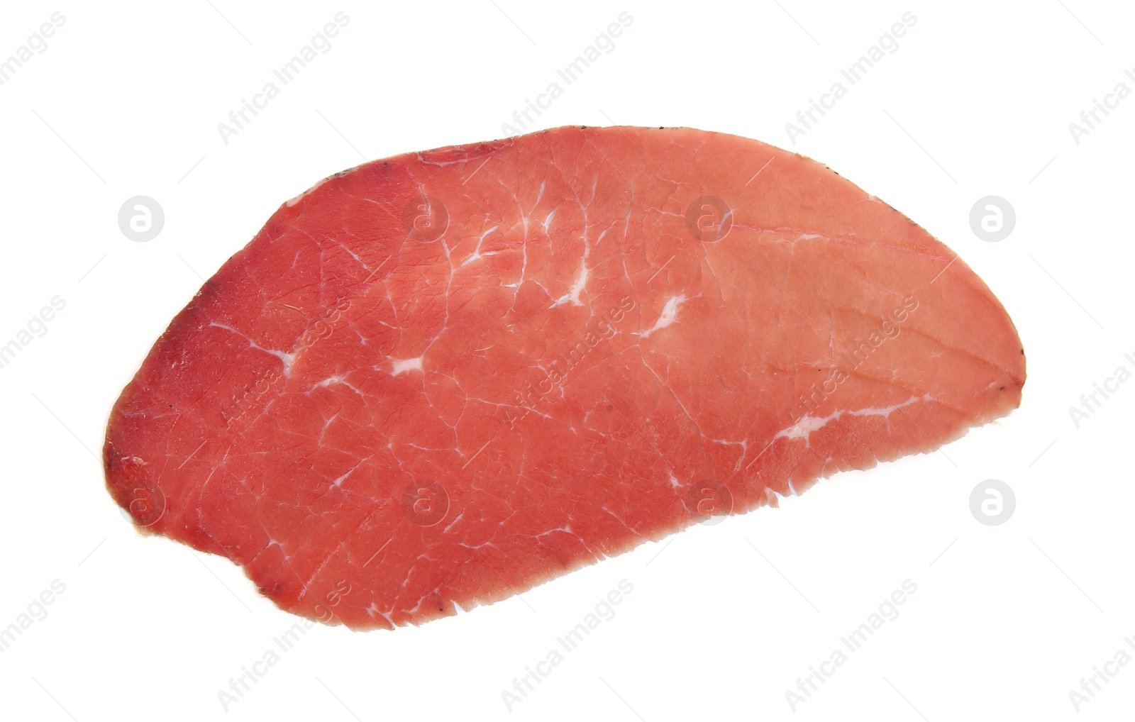 Photo of Slice of tasty bresaola isolated on white, top view