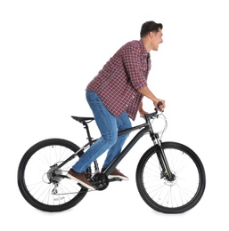 Handsome young man with modern bicycle on white background