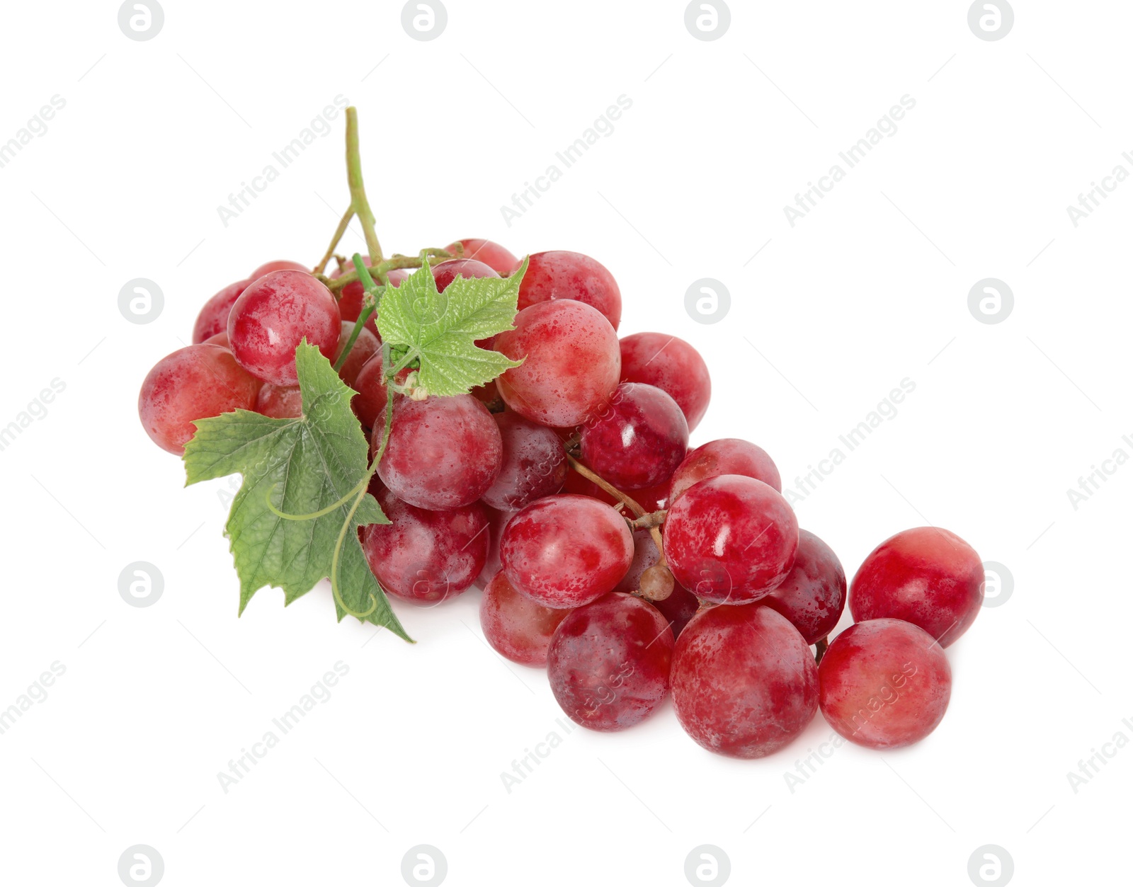 Photo of Cluster of ripe red grapes with green leaves on white background, top view