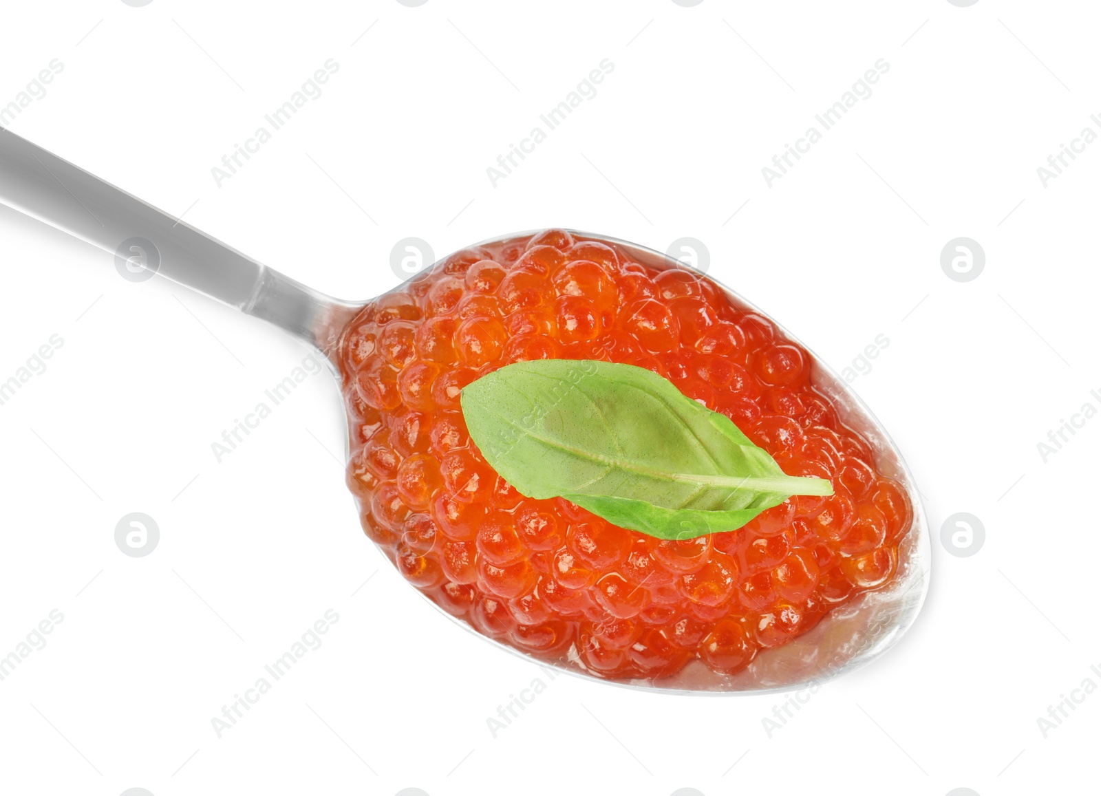 Photo of Spoon with delicious red caviar and basil leaf isolated on white, top view