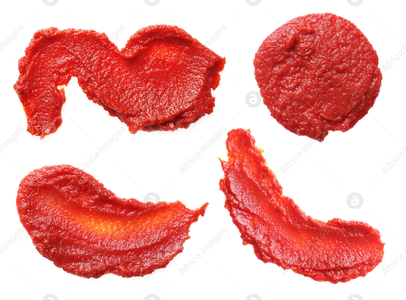 Image of Set of tasty tomato sauce on white background