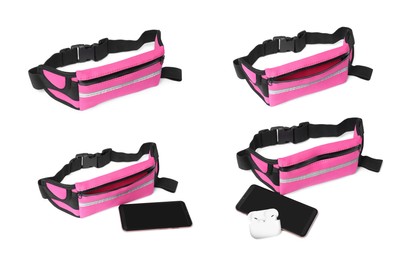 Image of Collage with pink waist bag (running belt) on white background