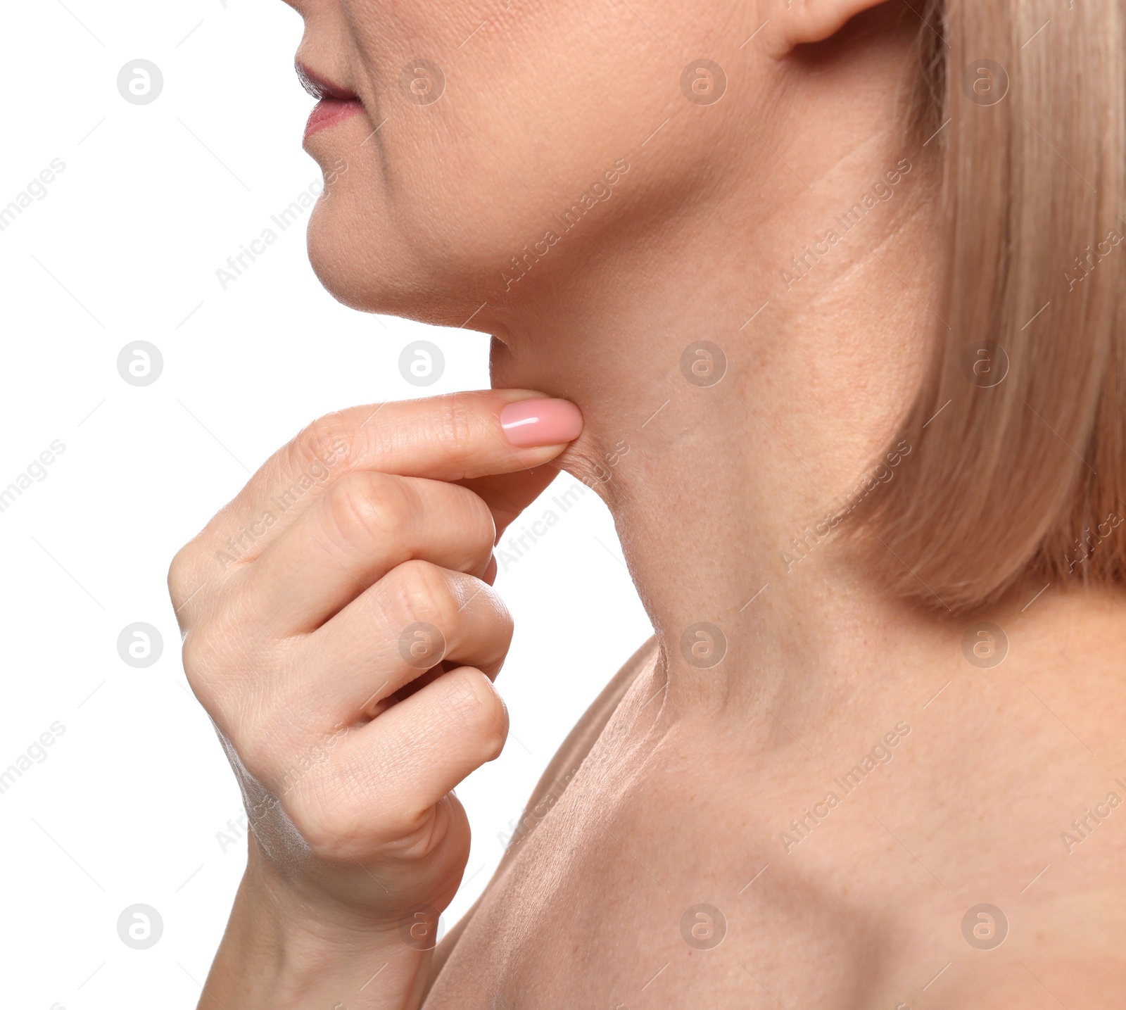 Photo of Woman touching her neck on white background, closeup