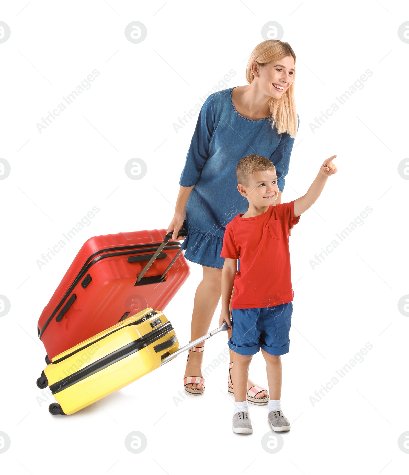 Photo of Woman and her son with suitcases on white background. Vacation travel