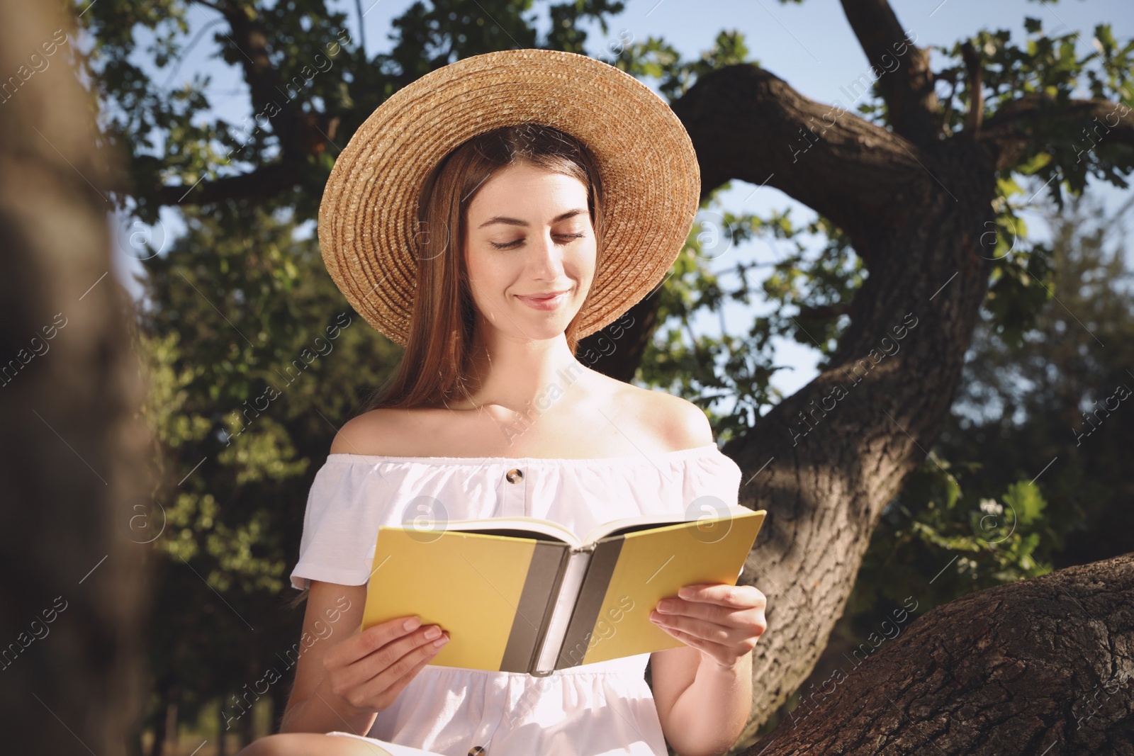 Photo of Young woman reading book on tree in park