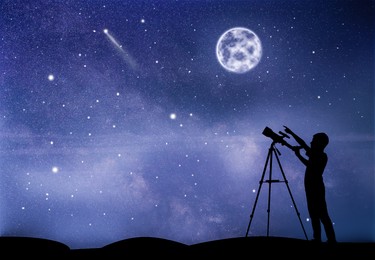 Astronomy. Little boy with telescope pointing at shooting star outdoors. Space for text
