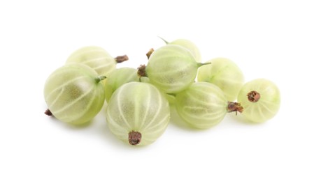 Pile of fresh ripe gooseberries on white background