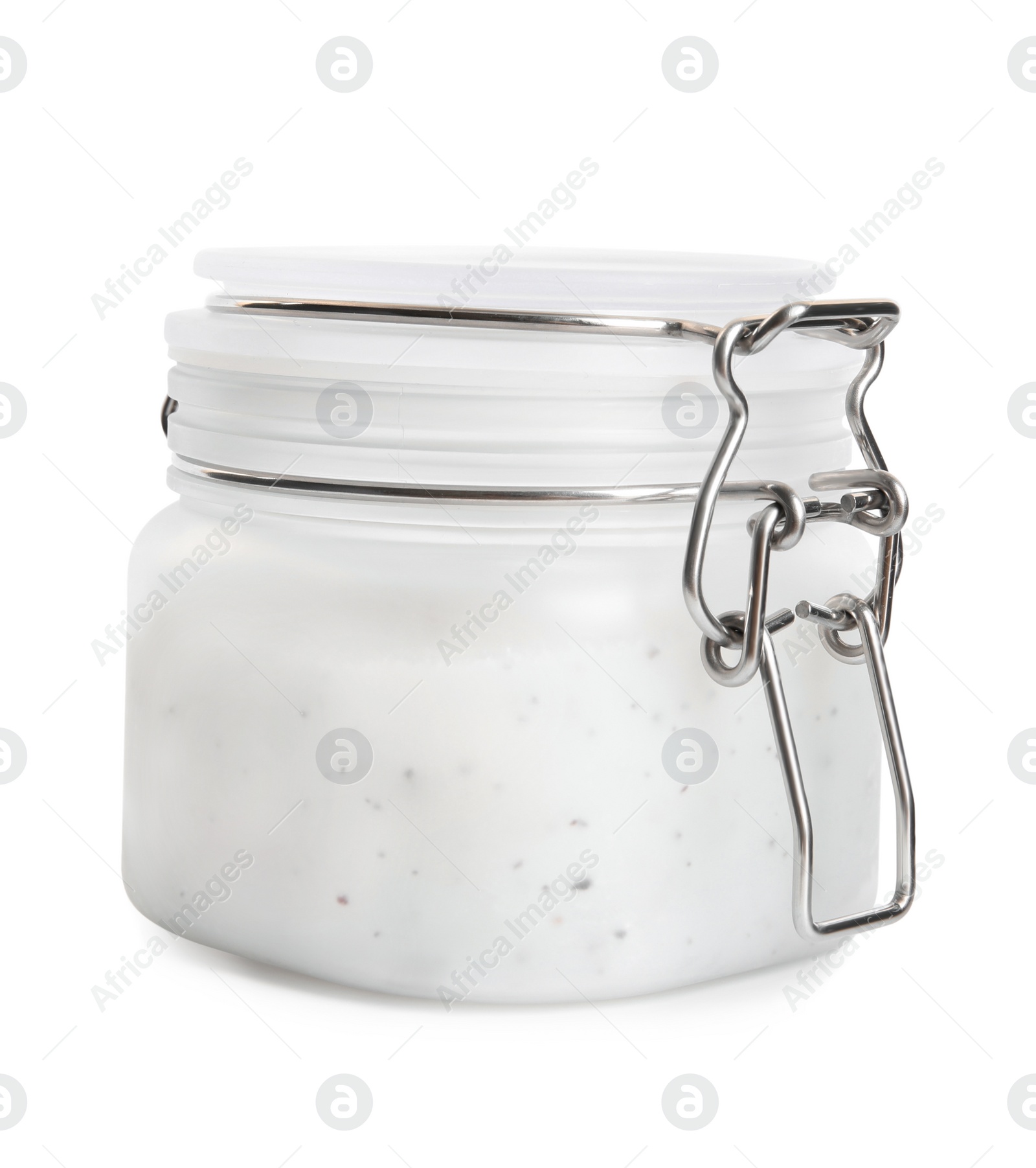 Photo of Jar of exfoliating salt scrub isolated on white