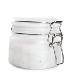 Photo of Jar of exfoliating salt scrub isolated on white