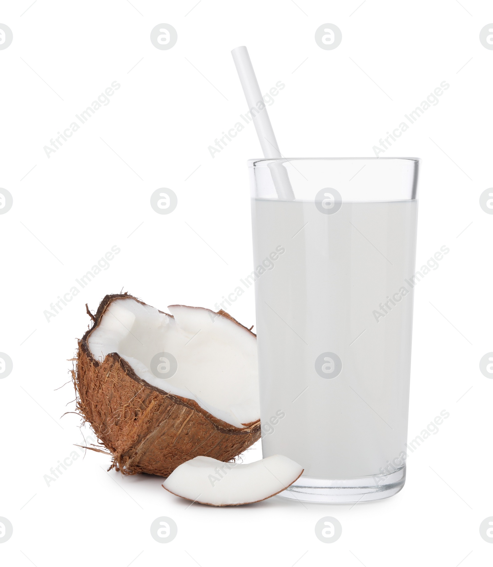 Photo of Glass of coconut water and nut isolated on white